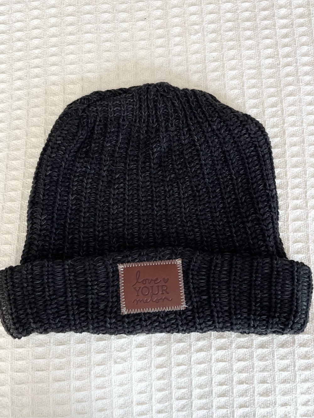 Love Your Melon Dark Grey Ribbed Knit Cuffed Beanie with Leather Patch